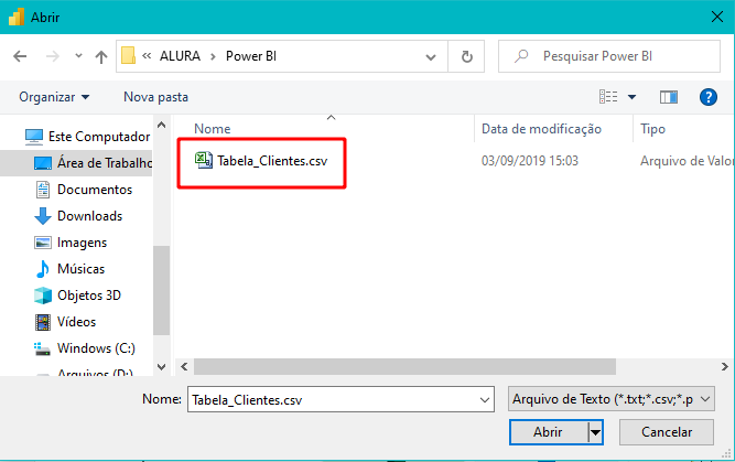 Selecionando o arquivo tabela de clientes