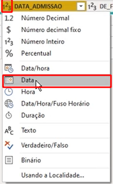 Alterando o tipo do campo data admissão para data