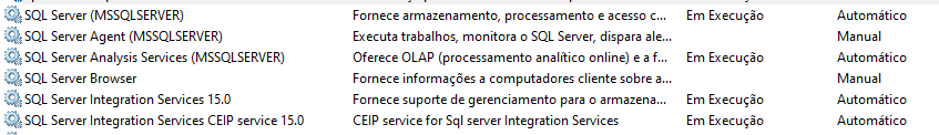 Print dos serviços SQL Server, SQL Server Agent, SQL Server Analysis Services, SQL Server Browser, SQL Server Integration Services 15.0 e  SQL Server Integration Services CEIP service 15.0  nos serviços do windows