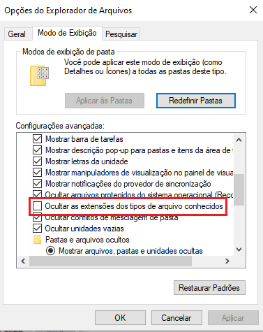 Localizando a opção ocultar extensões dos tipos de arquivo conhecidos