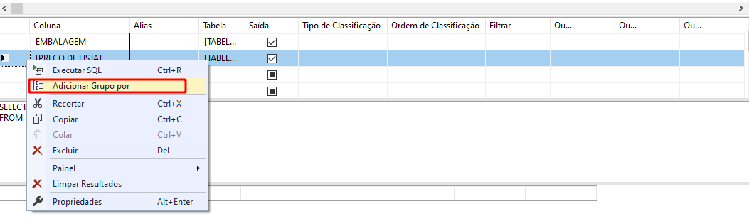 Clicando com o botão direito em preço de lista e selecionando a opção adicionar agrupar por para criar um novo campo agrupar por