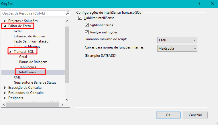 Print da tela de opções, onde as opções Editor de texto, Transact-SQL e IntelliSense estão destacados com um retângulo vermelho sem preechimento