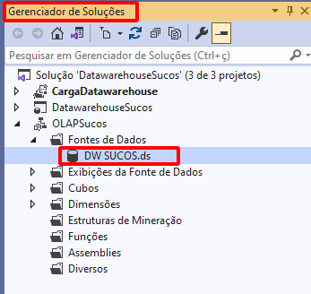 Imagem do menu lateral gerenciador de soluções do Visual studio, onde o titulo gerenciador de soluções e a fonte de dados DW_SUCOS.ds, estão destacados com um quadrado vermelho sem preenchimento