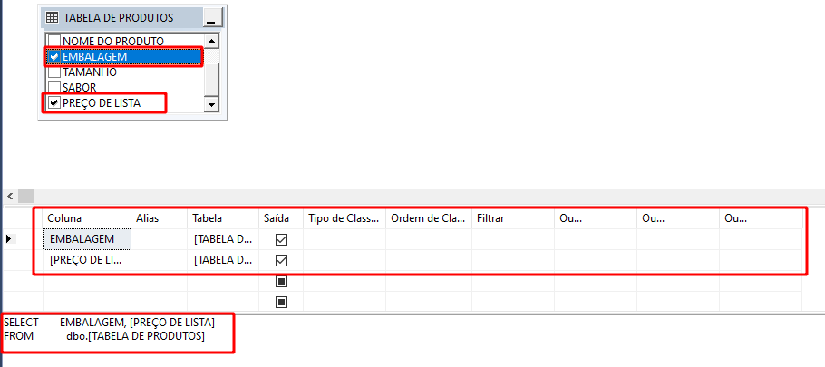 Depois de selecionar a tabela e o campo, tem uma area para continuar a criar a view pelo assinte e abaixo é gerado também o código SQL