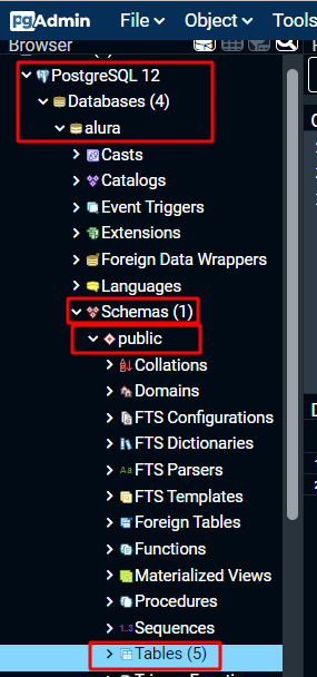 Print do menu lateral do pgAdmin, onde as opções, Serves, PostgreSQL 12, Databases, Schemas e Tables estão destacados com um retângulo vermelho sem preenchimento