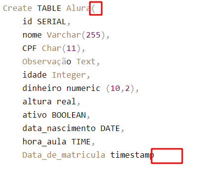 Comando de criação da tabela Alura disponibilizada pelo aluno Kaio, onde o parêntese de abertura e o espaço em branco após o campo Data_de_matricula timestamp estão destacados com um retângulo vermelho sem preenchimento