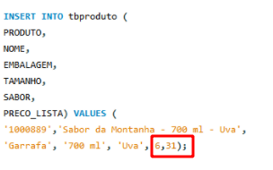 imagem da primeira query disponibilizada pelo aluno Bruno, onde o valor que será inserido no campo preço de lista está separado com uma vírgula  ao invés de um ponto.