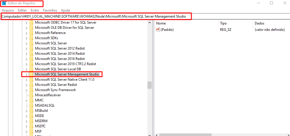 Imagem do editor de registros do Windows, onde o HKEY_LOCAL_MACHINE\SOFTWARE\WOW6432Node\Microsoft\ foi acessado e a pasta Microsoft SQL Server Management Studio está destaca com um retângulo vermelho sem preenchimento