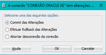 Tela apresentada no SQL Developer, quando vamos fechar a aplicação e há alterações realizadas e nenhum commit ou rollback foi feito. Na tela é apresentado três opções, realizar o commit, realizar o rollback ou abortar desconexão