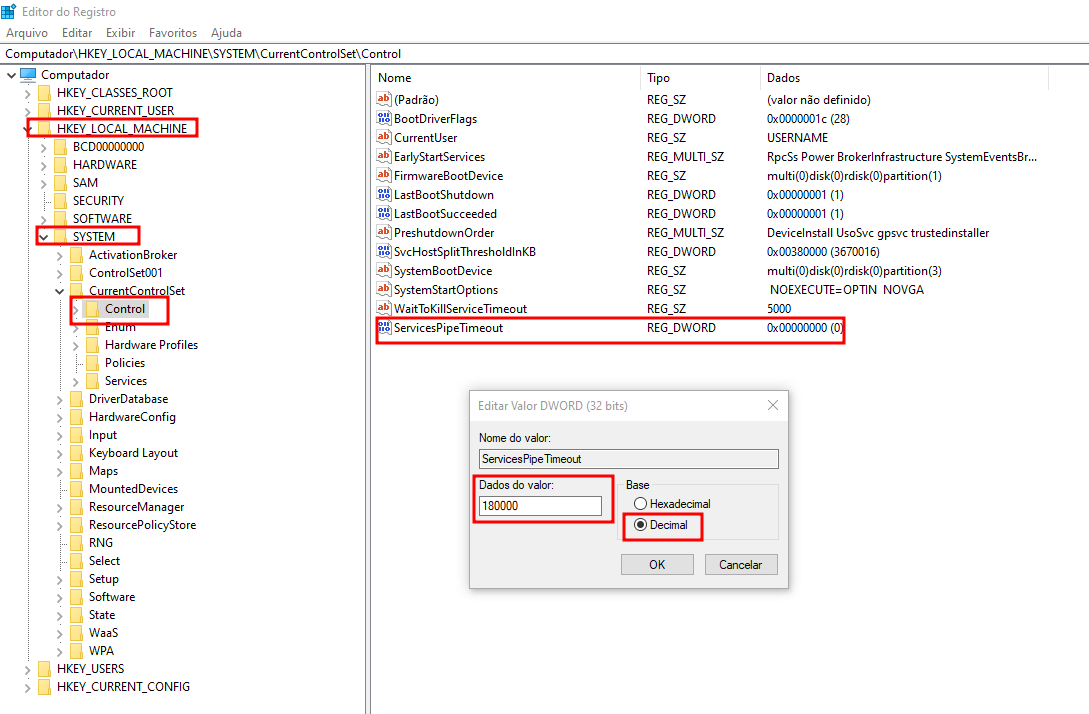 print da tela do editor de registros do windows, onde o diretorio HKEY_LOCAL_MACHINE\SYSTEM\CurrentControlSet\Control; está aberto e o valor ServicesPipeTimeout foi criado e o seu valor modificado para 180000 em decimal