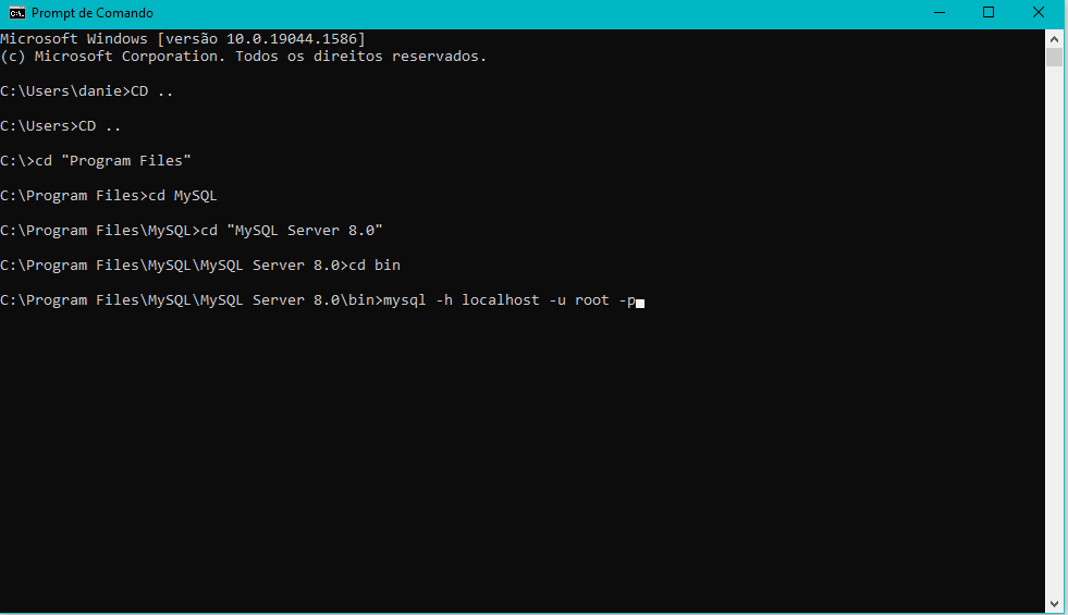 imagem do prompt de comando, onde a pasta MySQL, MySQL Server, Bin foi acessada e o comando: mysql -h localhost -u root -p, será executado 