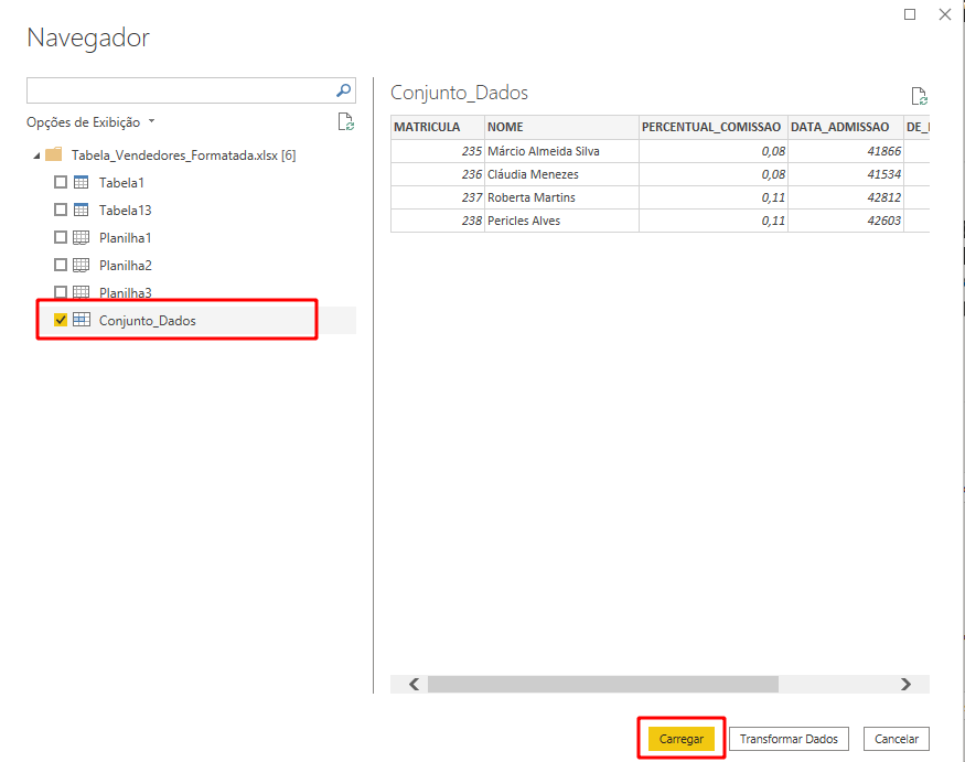 Selecionando a opção o conjunto de dados