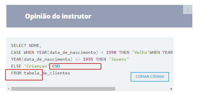 Query do instrutor