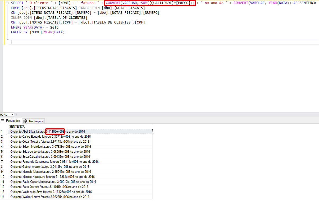 imagem da execução da query disponibilizada pela aluna Luise, onde a formula de calcular o faturamento e um dos resultados obtidos estão destacados com um quadrado vermelho sem preenchimento 
