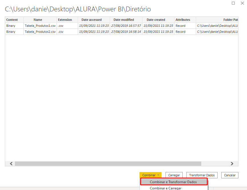 Selecionando a opção combinar e transformar dados