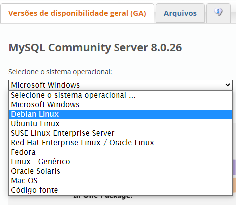 Acessando a pagina de download do mysql