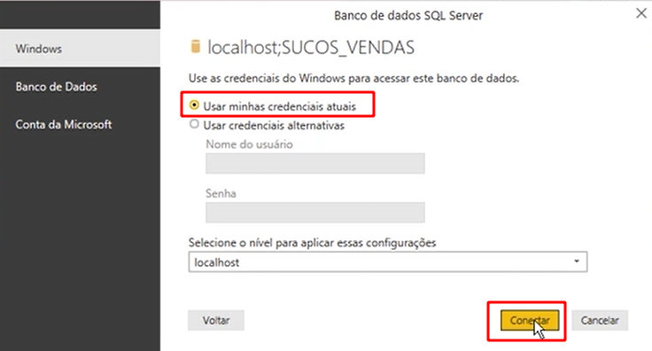 Na aba windows, em credenciais, marcando a opção usar minhas credenciais atuais
