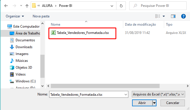 Selecionando o arquivo tabelas vendedores formatada