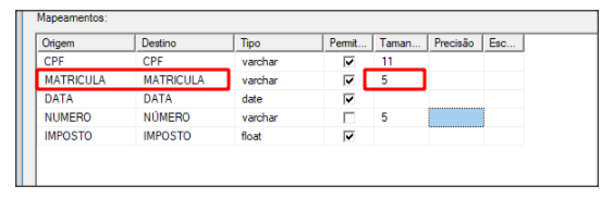 tela de importação do SQL Server, na etapa de mapeamentos, onde existe o campo CPF, MATRICULA, DATA, NUMERO e IMPOSTO, com os tipos mapeados e o tamanho dos campos