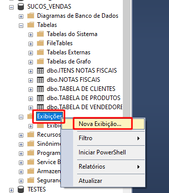 Clicando com o botão direito em exibições e selecionando nova exibições