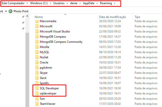 Acessando o diretorio C:\Users\danie\AppData\Roaming e localizando as pastas refente ao SQL Developer