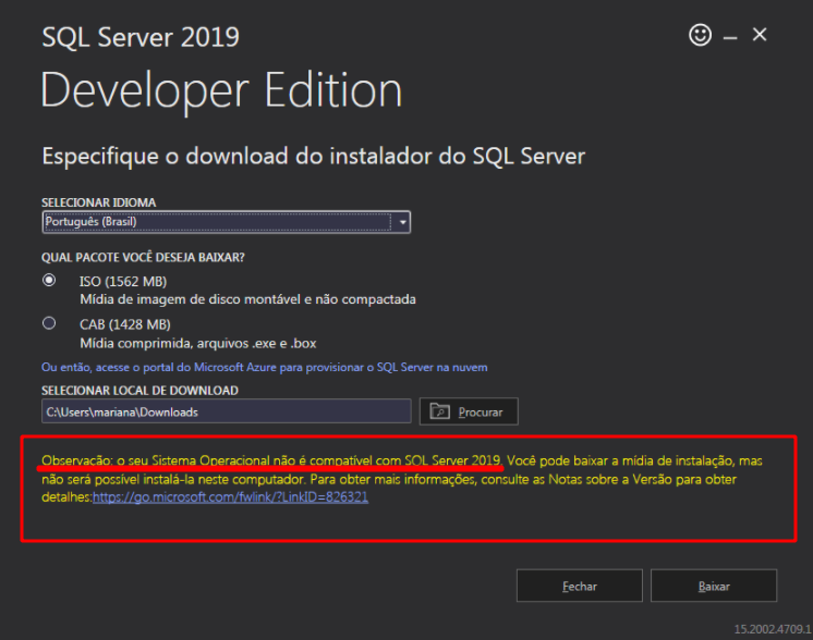 Tela de instalação do SQL Server 2019