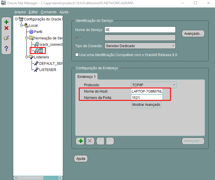 Acessando o Oracle net manager e verificando as informações do serviço XE