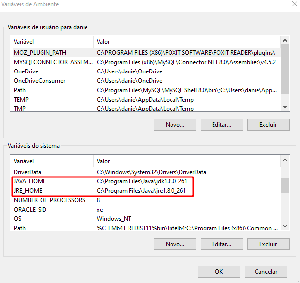 Print da tela das Variáveis de ambiente, onde em variáveis do Sistema, as variáveis JAVA_HOME e JRE_HOME estão destacadas com um retângulo vermelho sem preenchimento  