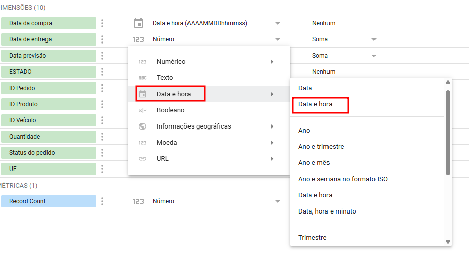 Print da tela de editar conexão no looker, onde a base de dados de pedidos está com os campos disponiveis, foi clicada na opção de alterar o tipo do campo de data de entrega, e as opções de data e hora estão destacadas em vermelho