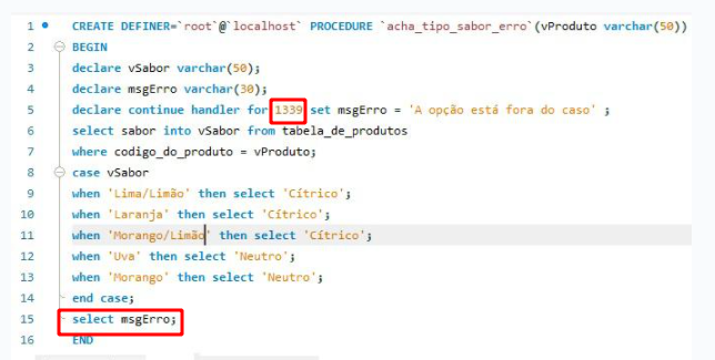 Código da procedure acha tipo sabor erro