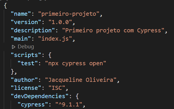 Tela do VS Code, com fundo preto, demonstrando um exemplo de arquivo package.json