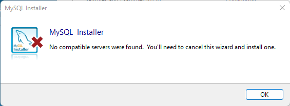 Mensagem do erro: No compatible server were found. You'll need to cancel this wizard and install one.