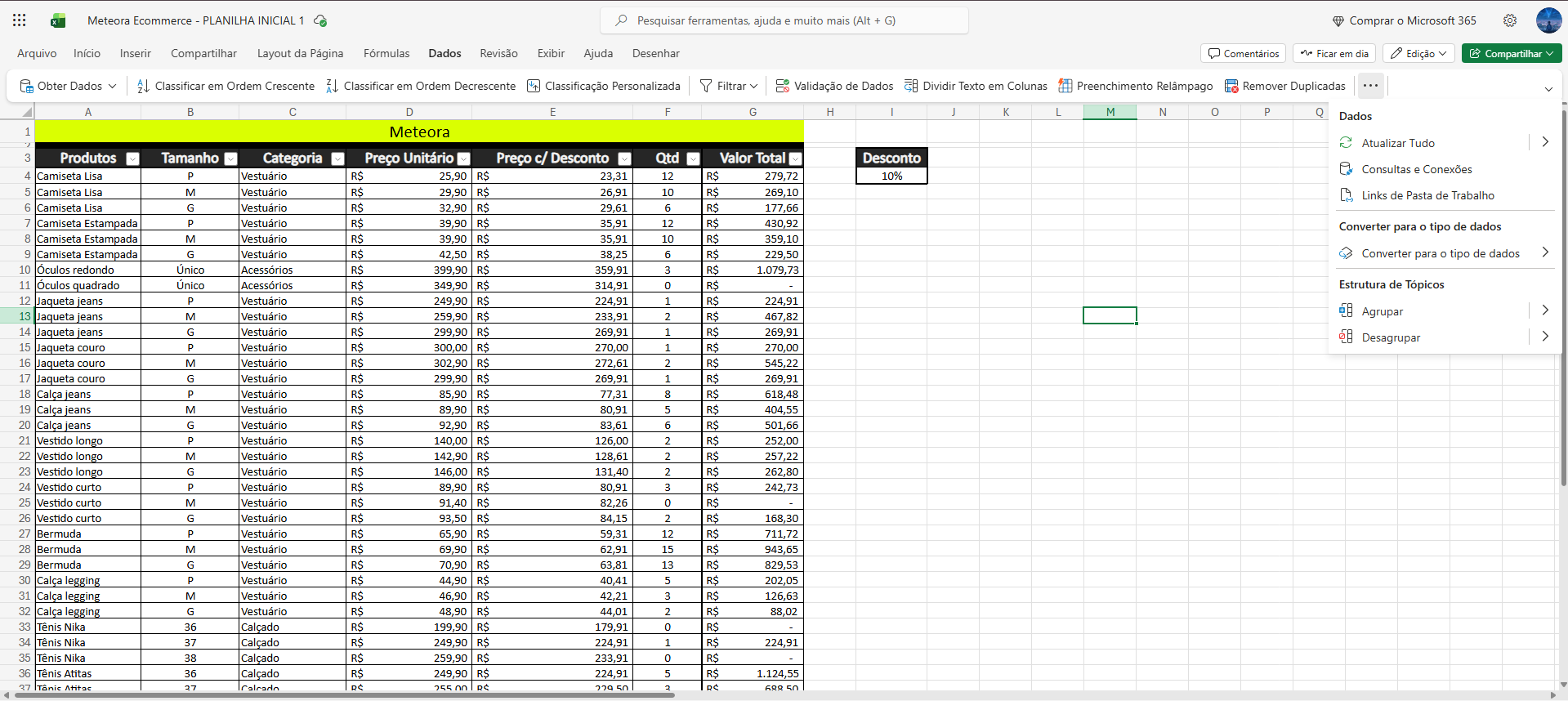 Planilha no excel online mostrando que não tem a opção de filtro avançado