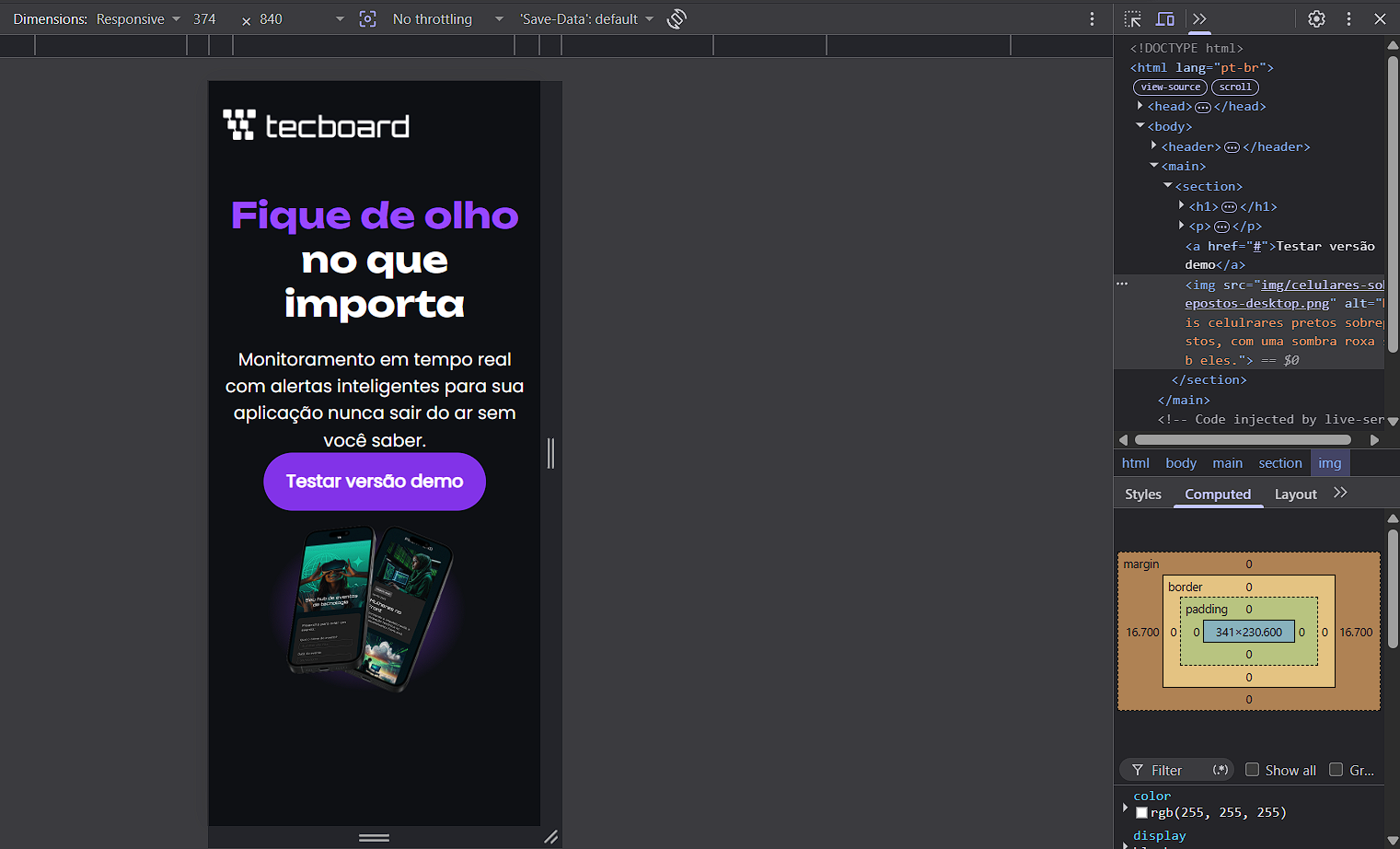 Eis o que acontece diminuirmos a viewport para 374px