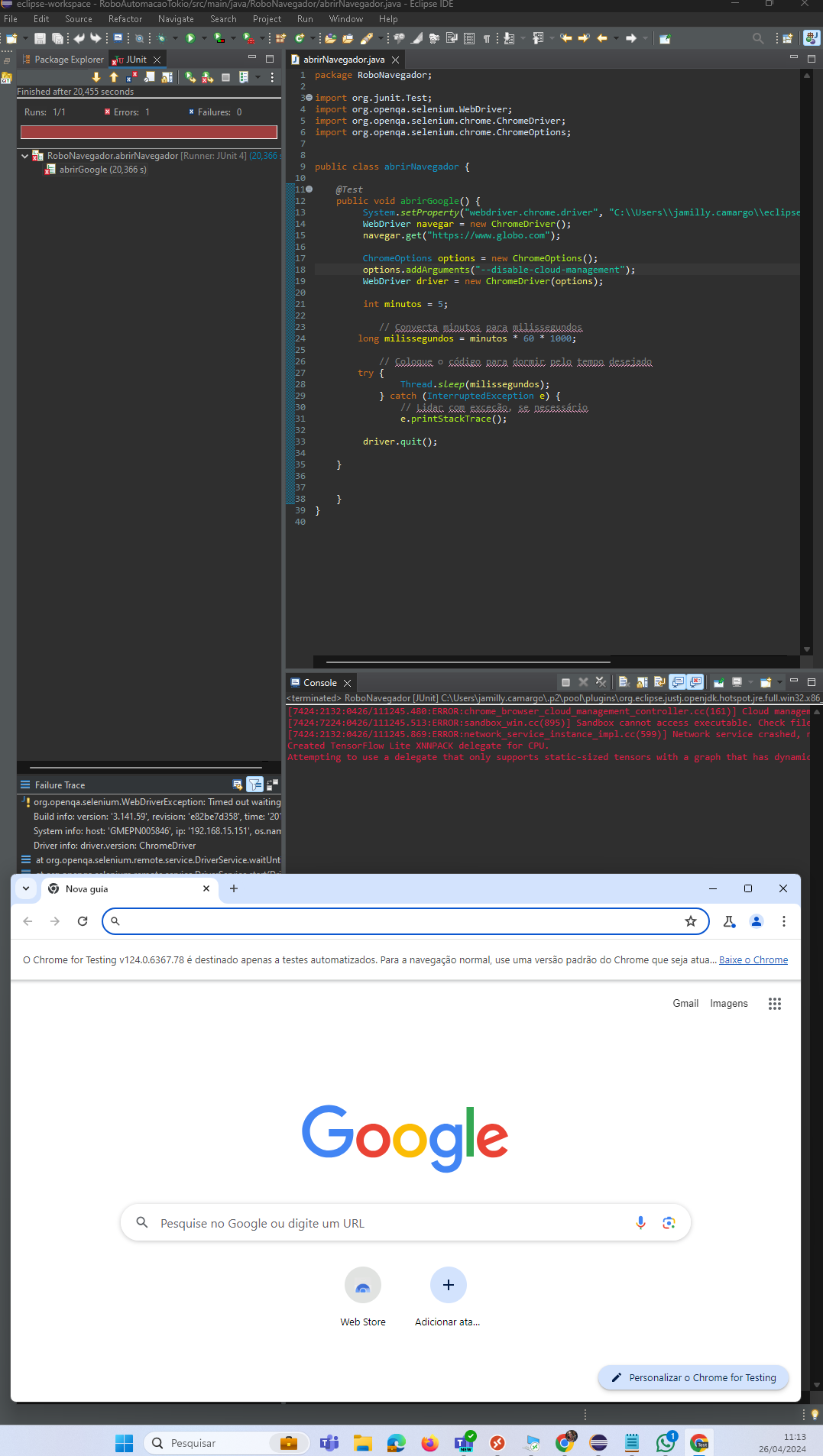 inseri o código e abru a pagina do google, mais não a pagina específica do teste