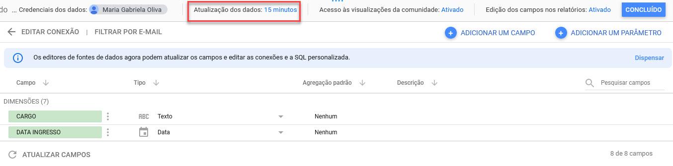 Captura de tela do Google Studio referente a configuração conexão de base de dados. Está destacado em vermelho a opção "Atualização dos dados: 15 minutos"