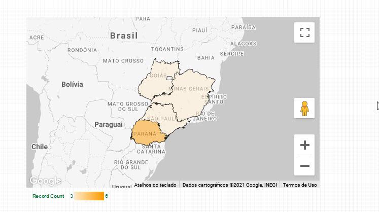 Mapa do Brasil com estado Goiás, Minas Gerais, São Paulo e Paraná destacado de amarelo claro