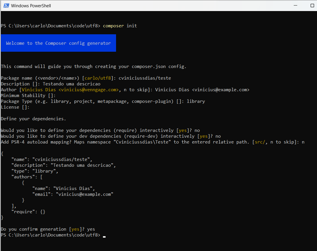 Captura de tela mostrando o comando composer init sendo executado com sucesso