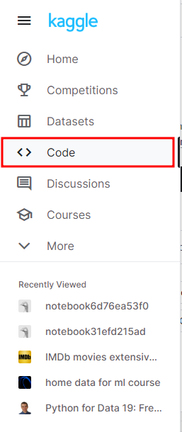 Print da barra lateral do Kaggle, na qual esta destacada em vermelho o link '<> code'