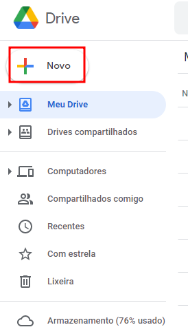 Print da Tela do google drive, com destaque no botão novo no canto supeior esquerdo da tela