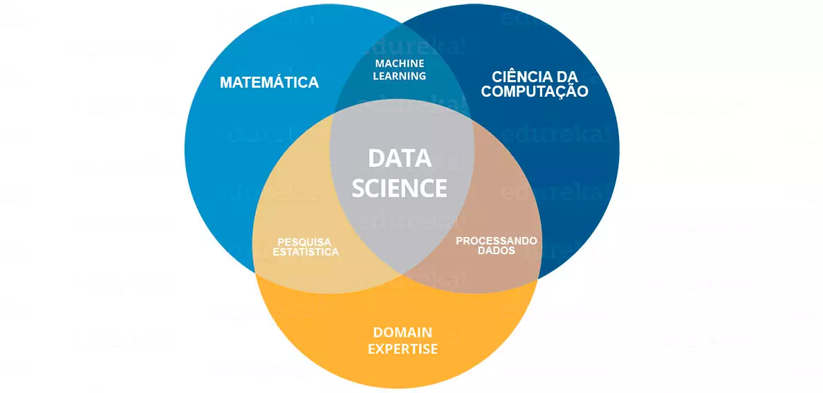 Diagrama de Venn que representa a intersecção das áreas de matemática, computação e comhecimento de negócio como data Science