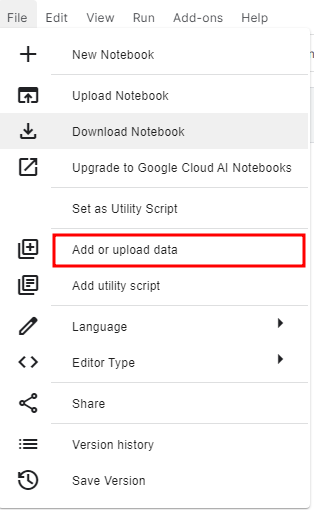 Print da aba files do menu do Kaggle, na qual está grifada em vermelho a opção 'add or upload Data'