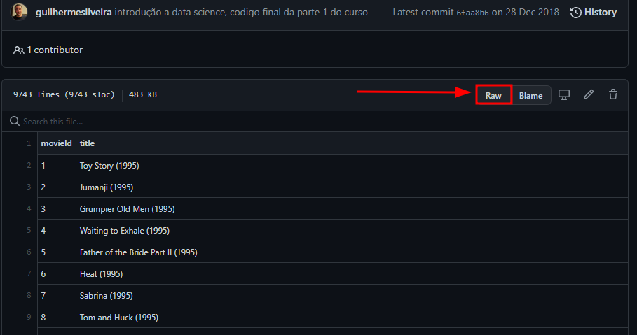 Print da página do arquivo movies.csv no Github do instrutor