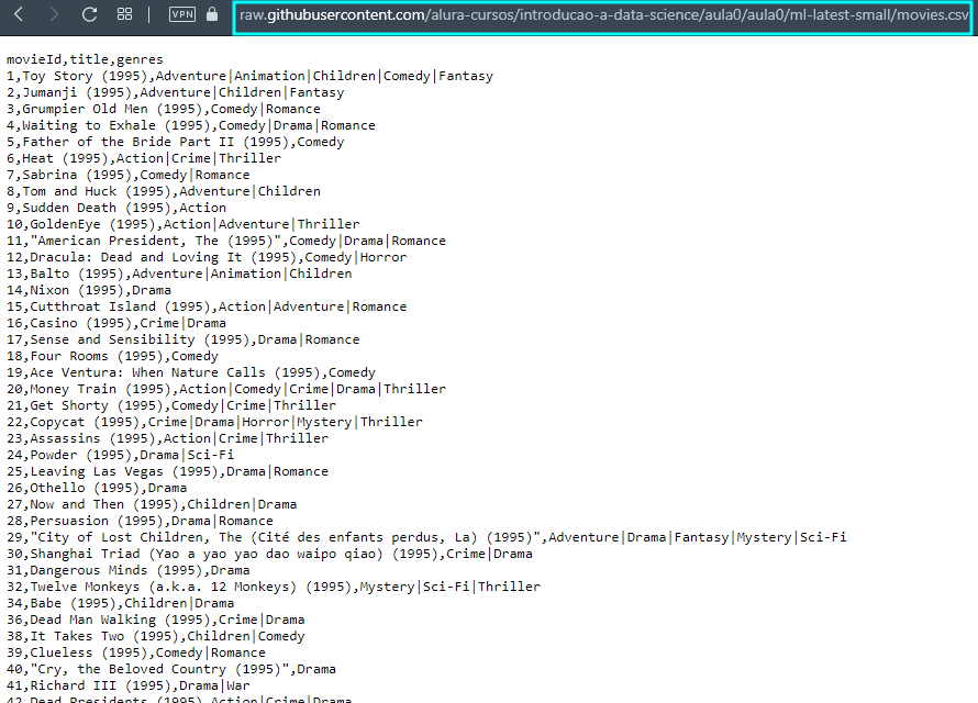 Print da página gerada quando clicamos no 'Arquivo Raw'. Trata-se de uma página simles com o csv com as informações dos filmes. Está destacado em azzul claro a uri da página