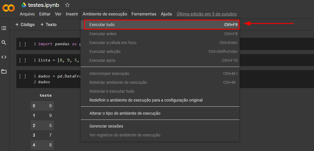 Print da tela do Colaboratory. Em destaque a aba 'Ambiente de excecução e a opção 'Executar tudo', em vermelho'