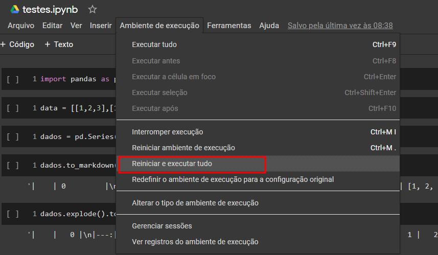 Print da tela do Google Colab, do menu Ambiente de excecução, destacado em vermelho a opção 'reiniciar e executar tudo'