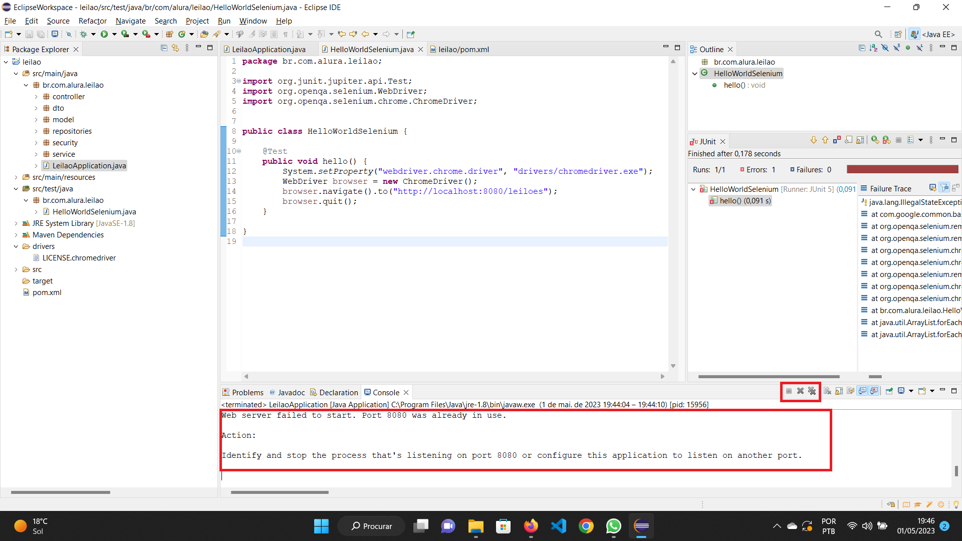 "
APPLICATION FAILED TO START
Description:
Web server failed to start. Port 8080 was already in use.
Action:
Identify and stop the process that's listening on port 8080 or configure this application to listen on another port."