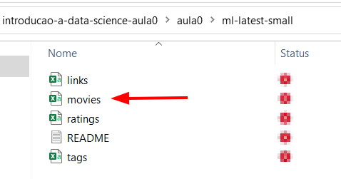 Imagem com fundo branco onde são mostrados os arquivos que estavam compactados no arquivo zip. O arquivo movies.csv encontra-se destacado por uma seta vermelha