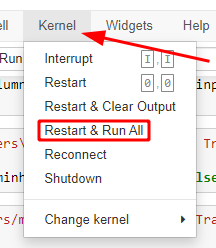 Seta vermelha indicando a aba "Kernel" na parte superior do Jupyter Notebook e retângulo vermelho indicando a quarta opção dessa aba, nomeada: "Restart & Run All"