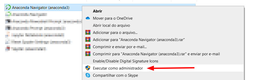 Ícone do Anaconda Navigator com as opções disponíveis ao clicar nele com o botão direito do mouse. Dentre as opções, a penúltima delas Executar como administrador encontra-se destacada por uma seta vermelha